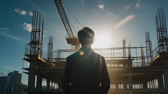 少し高い位置から建設の進捗を観察する現場監督の男性の後ろ姿のシルエット