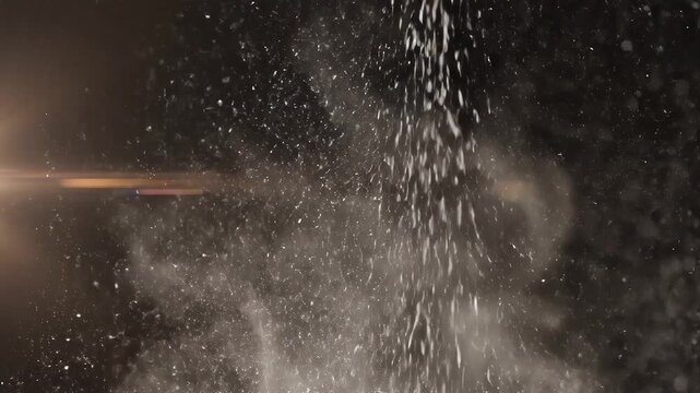 Abstract white powder explosion against dark background with lens flare.