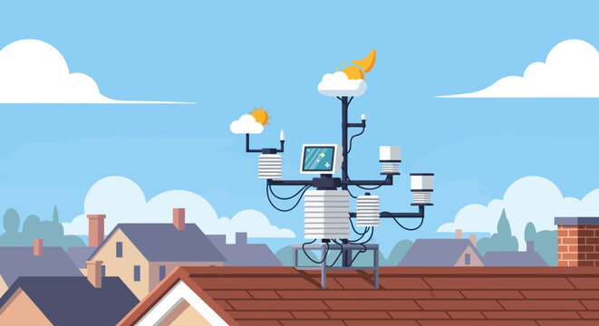 Drone with multiple propellers flying above rooftops.
