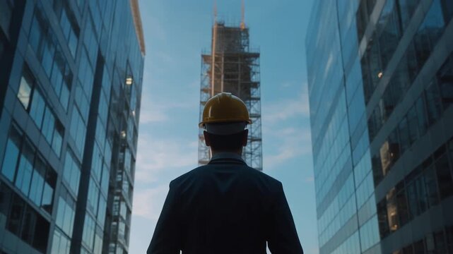 広い空を背景に建設中のビルを見上げる男性エンジニアの後ろ姿のシルエット