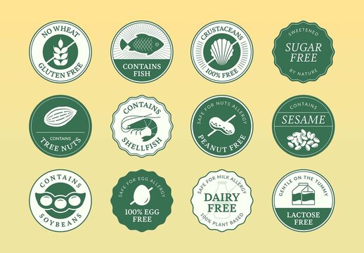 Food Allergen Warning Sticker & Vector Badge Set for Allergy Label Icons, Packaging Seals & Menus