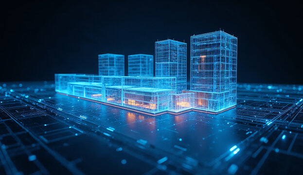 Glowing blue high tech 3D architectural framework of a modern building complex with warm interior lighting on a dark background, representing futuristic digital design and urban planning.