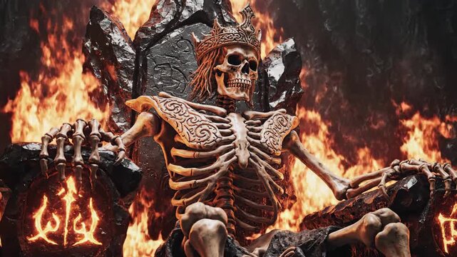 Skeleton King on Throne of Skulls Amidst Flames of Hell.