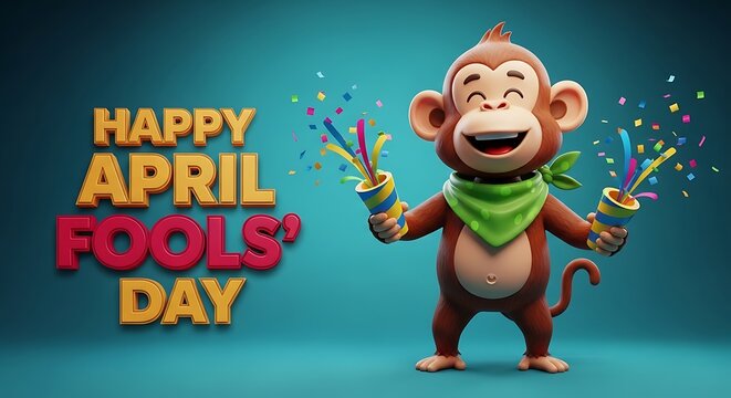 Smiling monkey celebrating April Fools' Day with colorful confetti poppers and a green bandana on a blue background