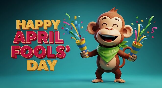 Smiling monkey holding party blowers on April Fools' Day with colorful confetti and green bandana