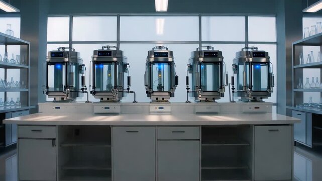 Row of stainless bioreactors on bench, clinical laboratory lined with glassware and shelving, blue indicator lights glowing, polished floors reflecting equipment, automated controllers