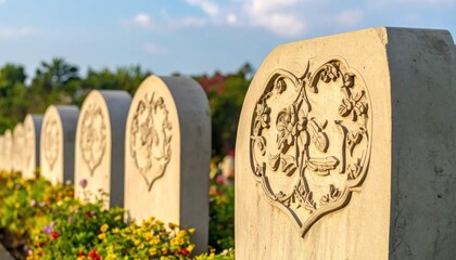 Carved headstones with floral designs in a serene cemetery, flowers in foreground, sunny day
