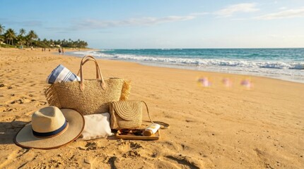 Obraz premium Summer beach getaway relaxing oceanfront scene with straw hat and wicker basket