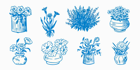 Blue sketch of various floral arrangements in vases and loose bouquets © Titul