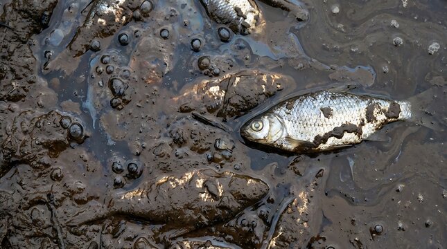 Dead fish lying in polluted muddy water showing severe environmental contamination