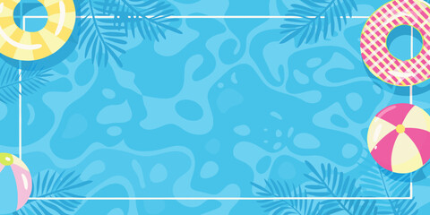 A vibrant top down view of summer pool essentials and turquoise water © Titul
