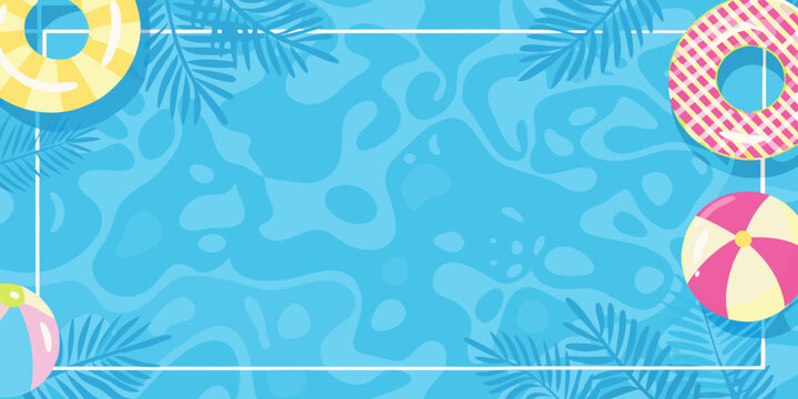 A vibrant top down view of summer pool essentials and turquoise water