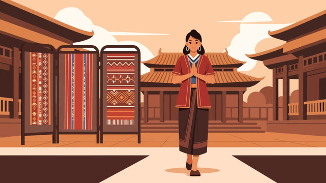 Woman in Traditional Attire Offering Greeting.