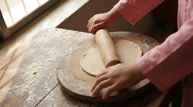 Person rolling fresh dough with a wooden pin to make traditional flatbread
