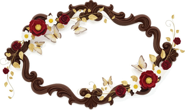 A beautifully designed brown frame adorned with red roses, yellow flowers, and butterflies on a white background.