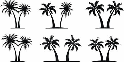Fototapeta premium Silhouettes of various palm trees against a stark white background