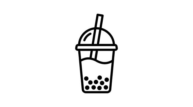 minimalist black line art icon of bubble tea in a plastic cup with dome lid and straw on white background, ideal for cafe menu design, beverage branding and sticker illustration