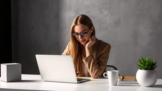 Woman working office laptop phone call modern workspace focused business environment