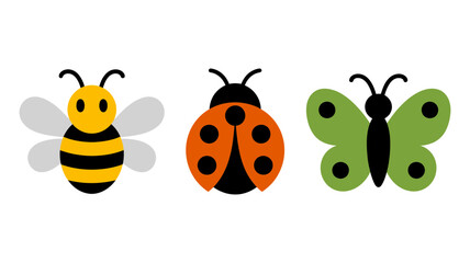 Obraz premium Three cute cartoon insects, a cheerful bee, a spotted ladybug, and a green butterfly, are shown together.