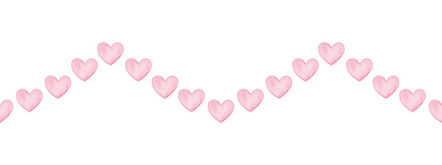 Watercolor border with pink hearts. Hand-painted horizontal border with a garland of hearts. Festive design and decoration.