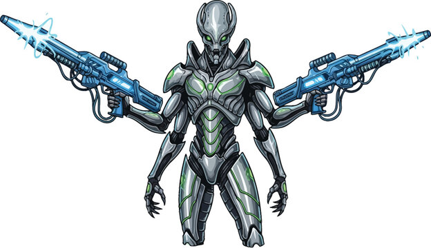 A futuristic alien warrior stands confidently with multiple limbs and advanced blue guns.