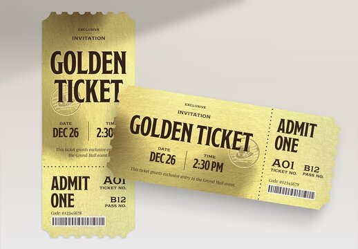 Golden Ticket Invitation Template, Luxury Event Pass, VIP Admit One Coupon, Gold Ticket Design