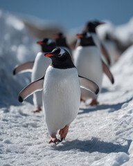 Obraz premium Adorable Gentoo Penguins Walking on Snow and Ice in Antarctica Featuring a Close Up Portrait of a Single Penguin with Red Beak Leading a Colony in Their Natural Wild Habitat During a Bright Day