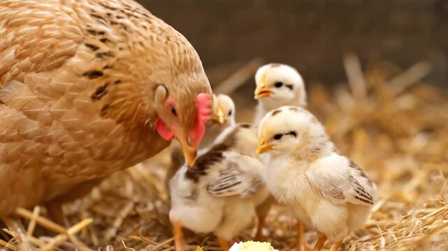 Mother Hen Nurturing Her Adorable Chicks in a Cozy Nest.