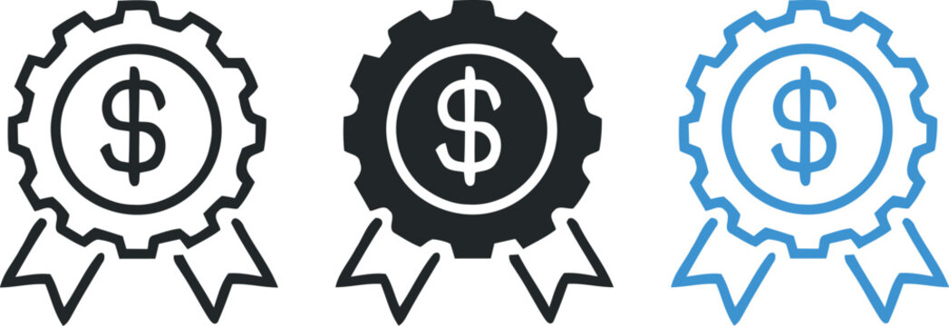 Three different colored dollar sign badges with ribbons