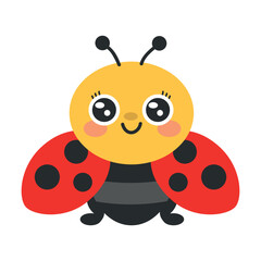 Obraz premium Cute ladybug cartoon character for children. Friendly spotted insect in simple flat vector style. Perfect for nursery decor, stickers, flashcards, worksheets and preschool learning materials.