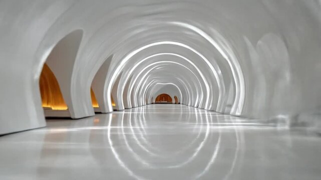 A long, white, symmetrical tunnel with arches and a shiny floor
