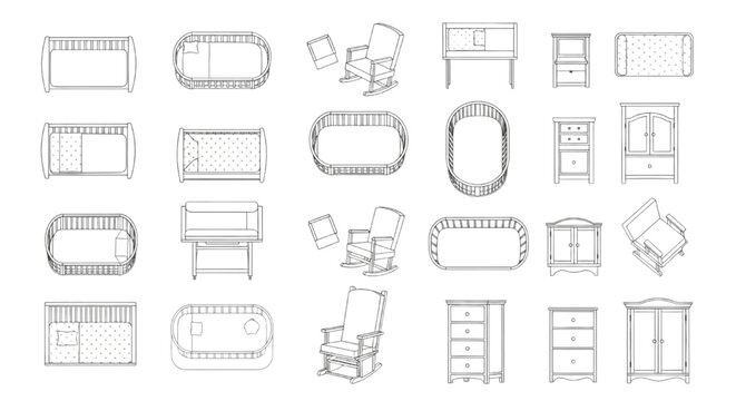 Baby Cribs and Nursery Furniture Top View Vector Set for Architectural Floor Plan Interior Design