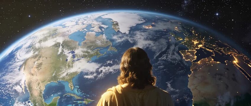The Second Coming concept: Jesus Christ overlooking Earth from heaven before the 1000 year millennial kingdom