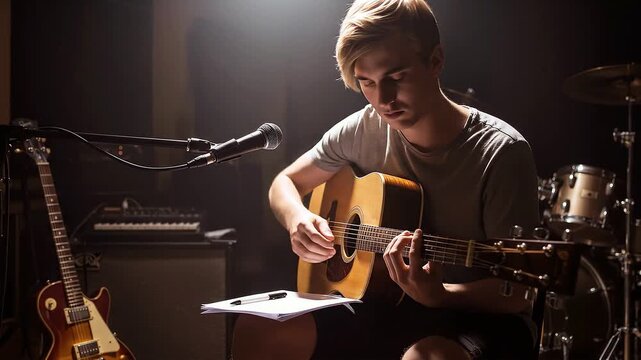 Young musician writing song lyrics while playing acoustic guitar in recording studio with musical