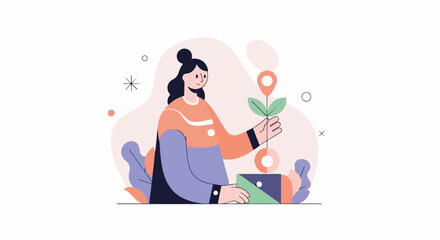 Obraz premium A woman holds a growing plant with location markers, symbolizing growth and navigation