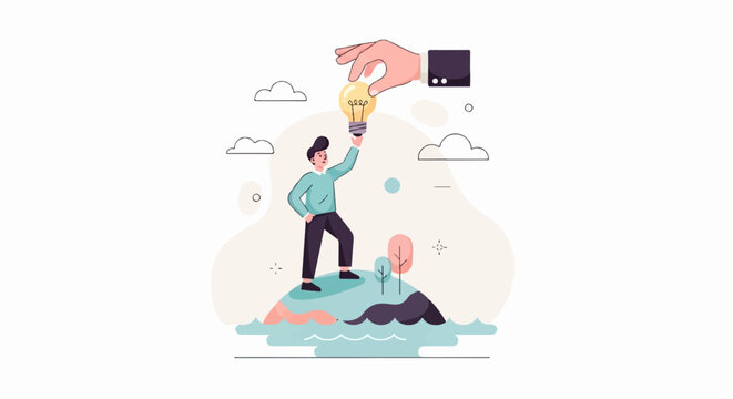 A stylized hand offers a lightbulb to a man on an island