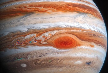 Stunning image of jupiter's great red spot and swirling clouds from space
