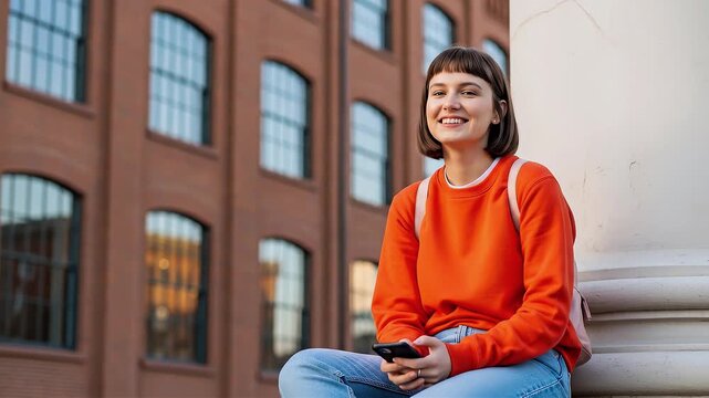 Young woman sitting on steps using smartphone in front of brick building