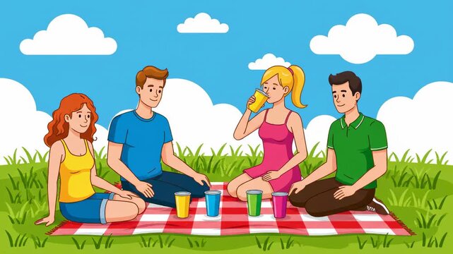 Animated friends enjoying a sunny picnic outdoors cheerful cartoon style illustration with summer picnic blanket and colorful drinks