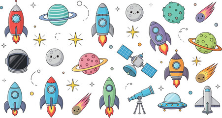 Naklejka premium Cartoon Space Exploration Icon Set with Rockets, Planets, Satellites, Telescope, UFO, Meteors and Astronaut Technology Elements for Science Education and Space Adventure Designs