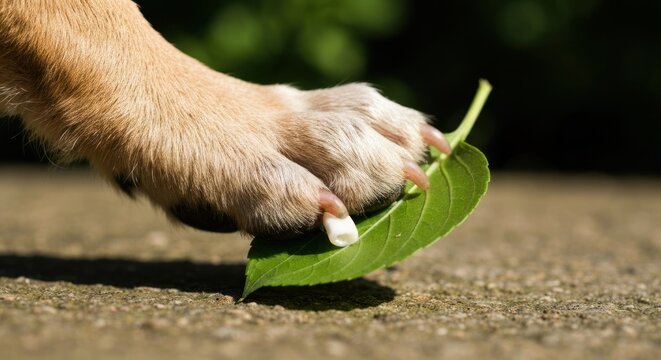 Dog's paw gently holds a vibrant green leaf. Soft fur, sunny outdoor scene