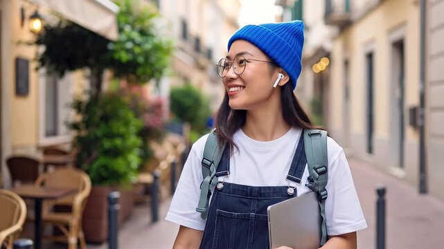 Young woman wearing blue beanie overalls walking down street with backpack
