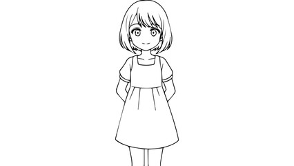 Fototapeta premium Black and white line art vector illustration of a standing young girl in simple dress and short bob hairstyle, front view outline drawing for coloring page