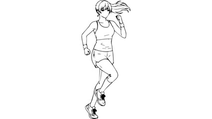 Fototapeta premium Line art vector illustration of female runner in sports bra and shorts, jogging pose with ponytail, minimal black and white outline for fitness branding