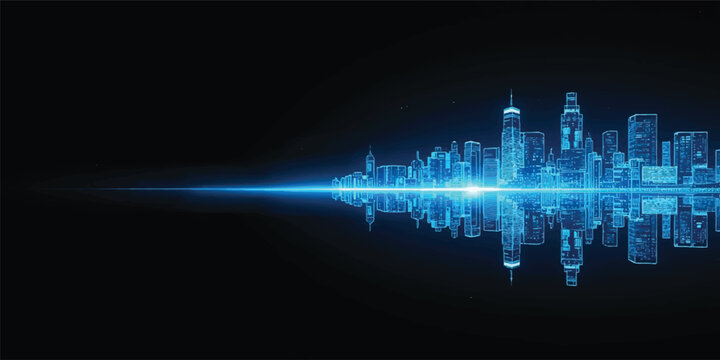 An abstract blue cityscape design features a dark urban skyline silhouette with vector skyscraper buildings and glowing city lights reflecting a modern night architecture illustration