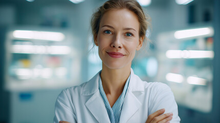 Faceless confident female scientist researcher in a white coat standing against a background of glowing reagent shelves in a well-lit laboratory, arms at sides, defocused bright lab interior,