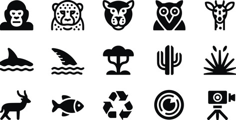 Wildlife animal silhouettes, environmental nature icons, eco conservation symbols, jungle safari creatures, aquatic life, forest plants, recycling, sustainability vector set © MDMAHOMUDUL