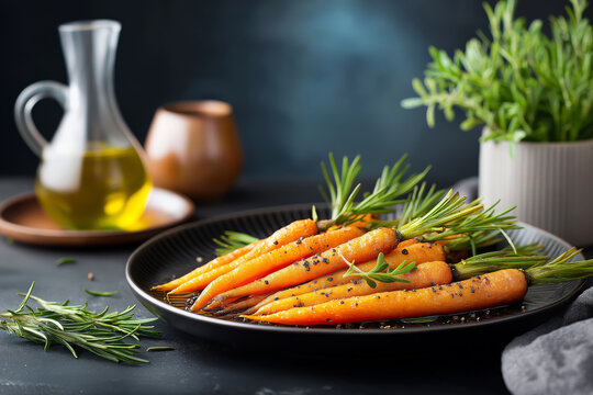 Baked carrots with spices and olive oil on dark ceramic plate, moody lighting, gourmet home cooking