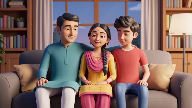 Animated indian family portrait sitting on couch together in living room bonding and smiling cartoon rendition with soft lighting