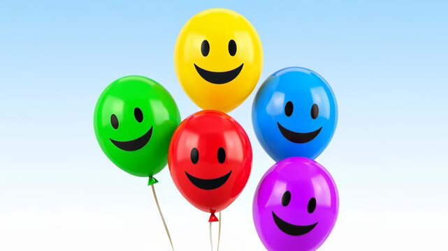 Bunch of five colorful smiley face balloons floating upwards against light blue gradient background in bright light, celebration concept